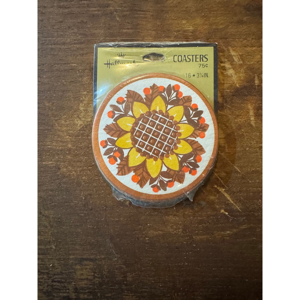 Vintage Hallmark Sunflower Coasters Set 16 Pack Retro Floral Yellow Brown 3.25in